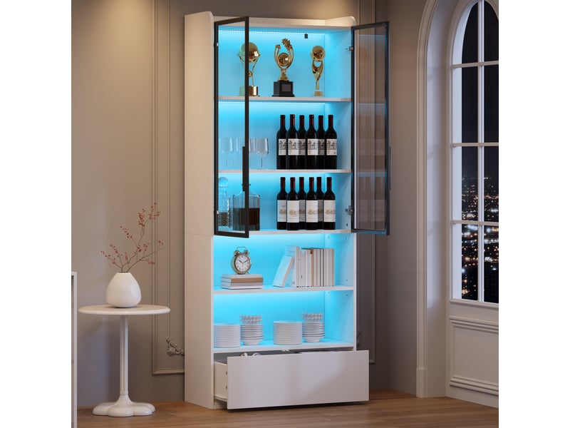  Vitrine led 80 × 34 × 180 cm, avec porte vitrée, 1 tiroir et 6 niveaux de rangement, mdf, blanc, avec étagères réglables, avec rangement modulable CARDUME ESTIVAL - Conforama D
