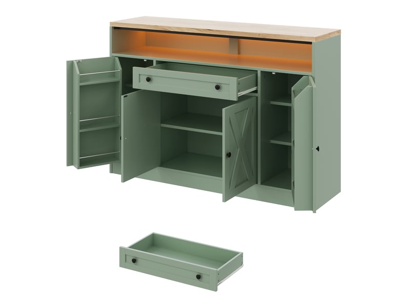  Buffet avec led rgb et  avec 4 portes et tiroir, buffet salon 140x35x95 cm en mdf vert, meubles de rangement  - Conforama D