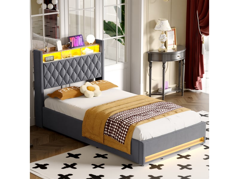  Lit rembourré 140x190 cm en velours gris foncé evryae  - Conforama B