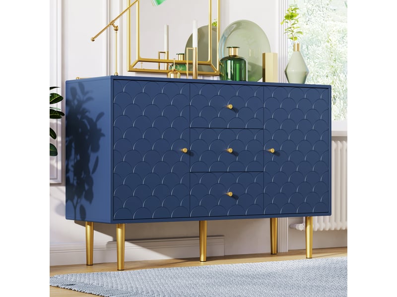 Buffet bahut salle à manger salon, 2 portes, 3 tiroirs, grand rangement, style élégant, 120x40x83 cm - bleu marine - Conforama D