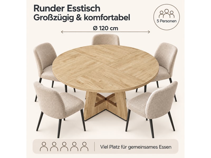  Table à manger ronde 120 x 120 x 75 cm, 4 à 6 personnes, plateau à veinage bois, style scandinave et montage simple, mdf, couleur chêne Morn Vibe - Conforama E