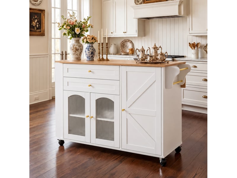  Desserte de cuisine à roulettes avec plateau rabattable, 2 tiroirs et portes vitrées, pour cuisine, 110 × 45 × 99 cm  - Conforama B
