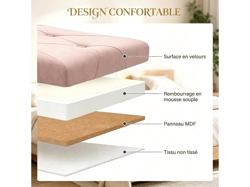  Banc de rangement pliable en velours rose capitonné avec coffre 67 l, 76 cm  - Conforama D