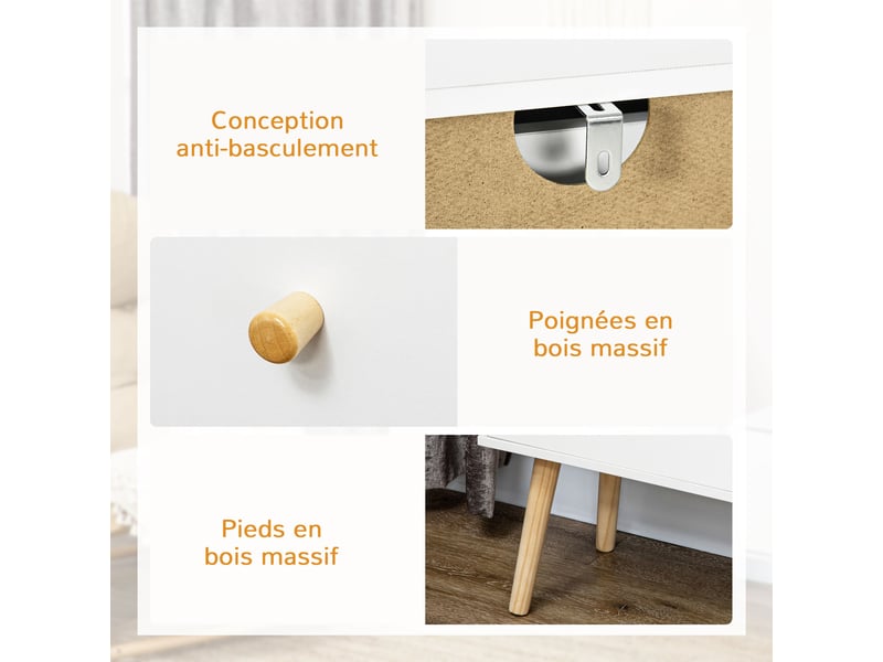  Commode 3 tiroirs design scandinave piètement effilé incliné bois pin panneaux blancblanc 80 x 30 x 80 cm  - Conforama R