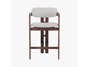 Tabouret en tissu beige pieds en chêne massif foncé