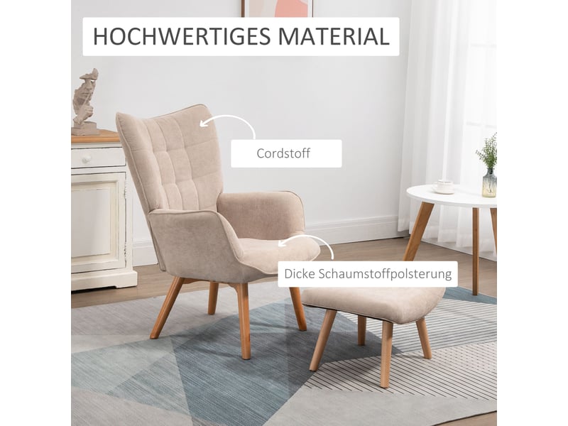 Fauteuil à oreilles beige 72x80x101 cm avec repose-pieds en velours côtelé - Conforama D