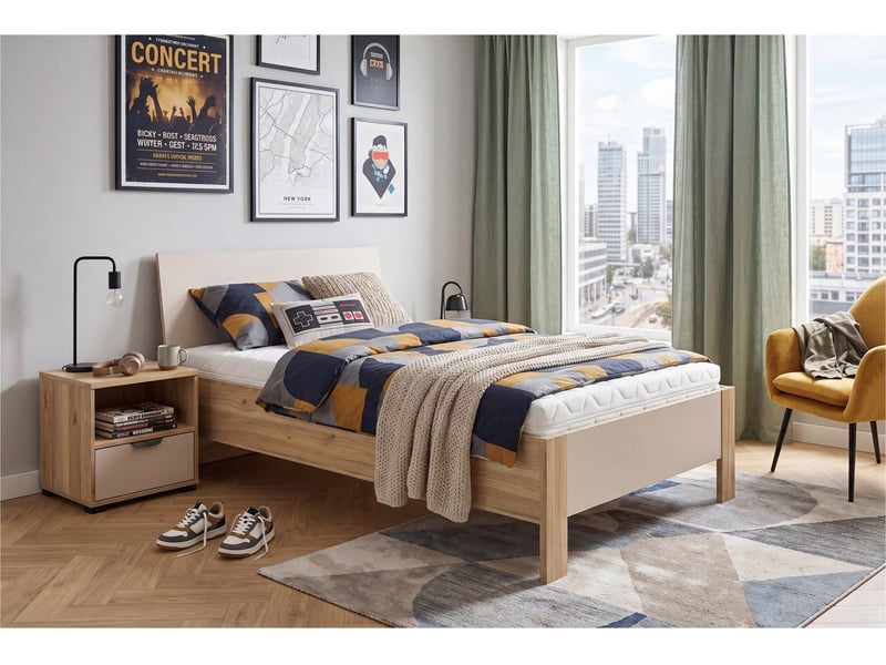  Lit enfant 90x200 sans sommier coloris chêne mauvella cachemire - longueur 216 x profondeur 96 x hauteur 90-42,5 cm  - Conforama D