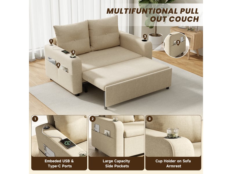  Canapé convertible, canapé-lit, beige, poches latérales, porte-gobelets, 3 en 1, design moderne, usb  - Conforama E