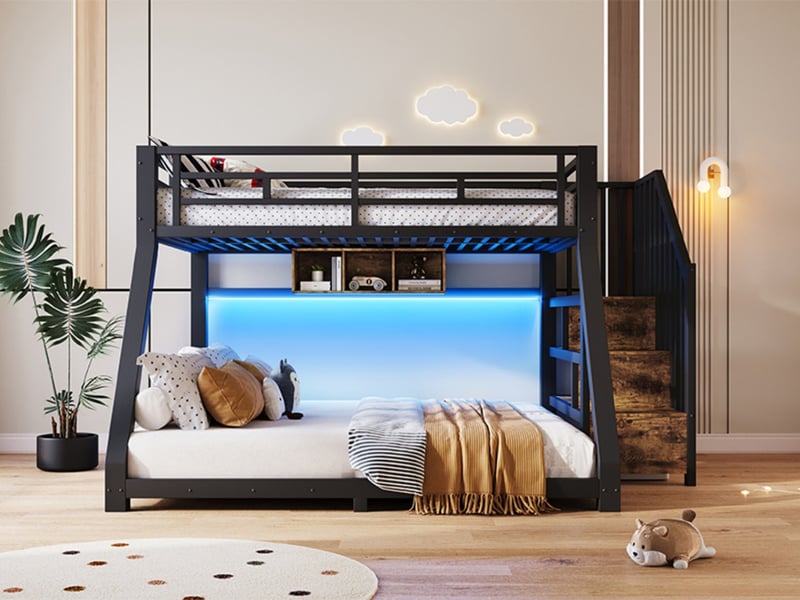  Lit superposé 90 × 200 cm et 140 × 200 cm, avec bandes lumineuses led, trois compartiments de rangement, escaliers avec espace de rangement, sans matelas, métal, noir  - Conforama B