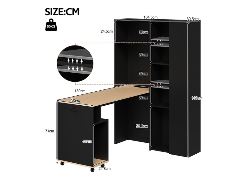  Bureau bibliothèque 2 en 1, bureau pliable avec étagères et prise usb, mdf noir et chêne, 104.5x30.5x160cm, gain de place.  - Conforama C
