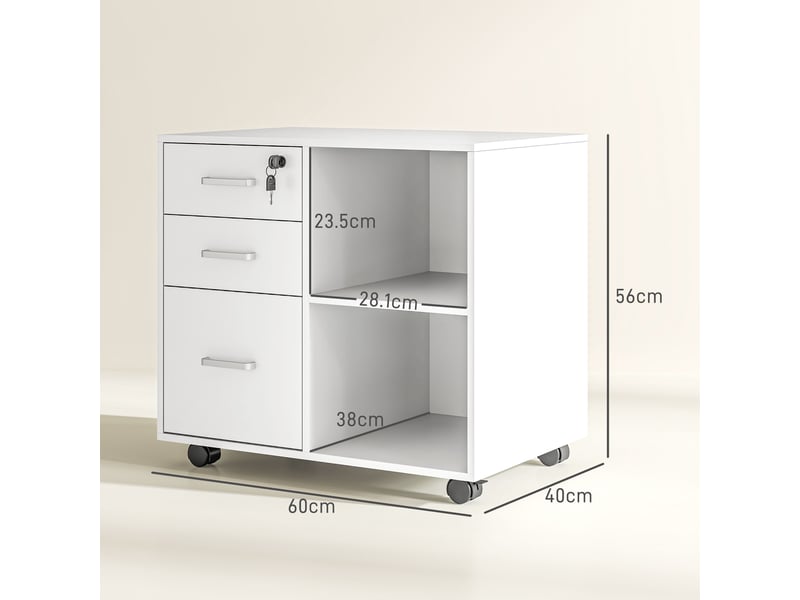  Classeur de bureau à 3 tiroirs, roulettes, serrure et clés, 60 x 40 x 56 cm, blanc  - Conforama D