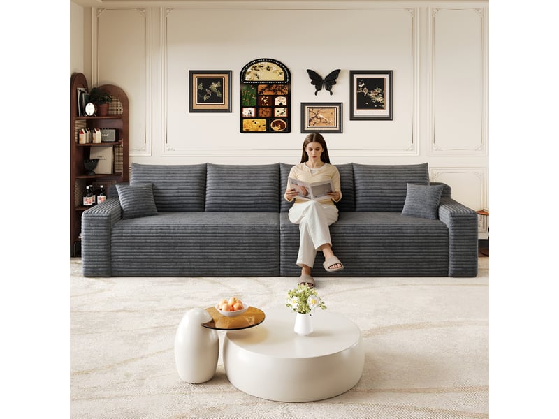  Canapé droit modulaire 302 cm sans structure ni montage, canapé-lit en mousse et velours côtelé doux, style moderne minimaliste pour salon, gris OPULERANE TRADING LTD - Conforama B