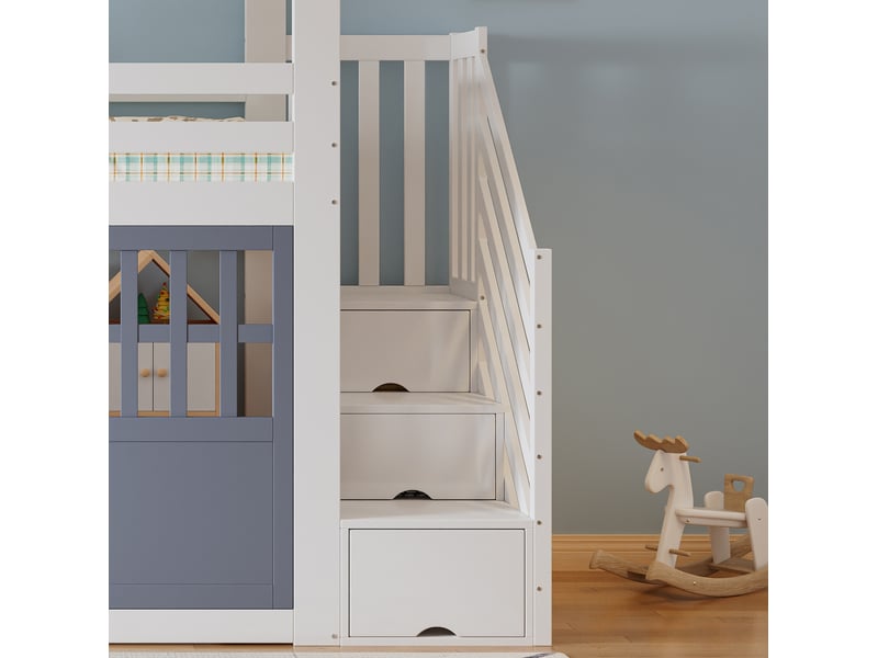  Lit surélevé enfant 90x200 cm blanc et bleu en bois, avec escalier de rangement et porte ouvrante, pour chambre d'enfant  - Conforama E