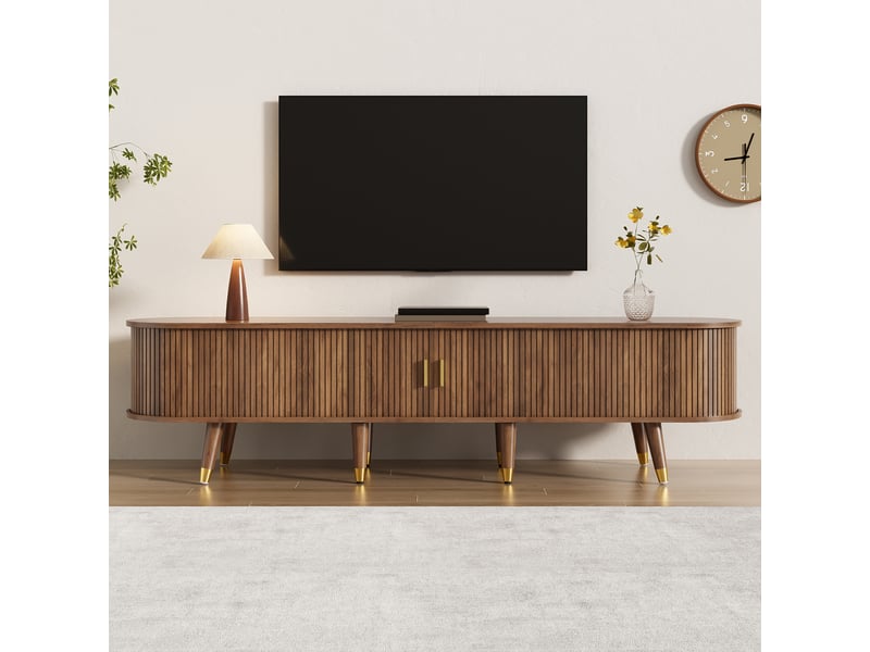  Meuble TV 175x38x45 cm avec porte coulissante en cannage, tiroirs, niches ouvertes et rangements, structure MDF Fay Lum - Conforama B