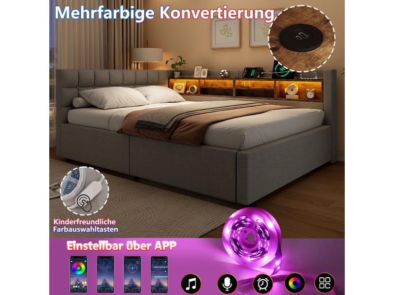  Lit banquette 140x200cm gris, relevage hydraulique, led réglable, étagère pratique, port usb, sans matelas  - Conforama D