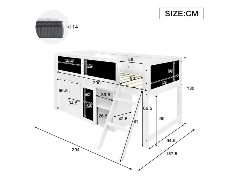  Lit mi-hauteur 90x200cm blanc avec armoires tableau échelle inclinée barrière sécurité bois N622T357012W - Conforama C