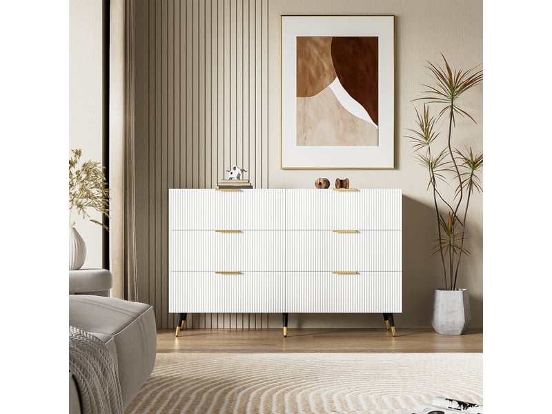  Buffet avec 6 tiroirs, façade ondulée et pieds dorés, style moderne, pour salon ou chambre, 120 x 40 x 77 cm, blanc  - Conforama D