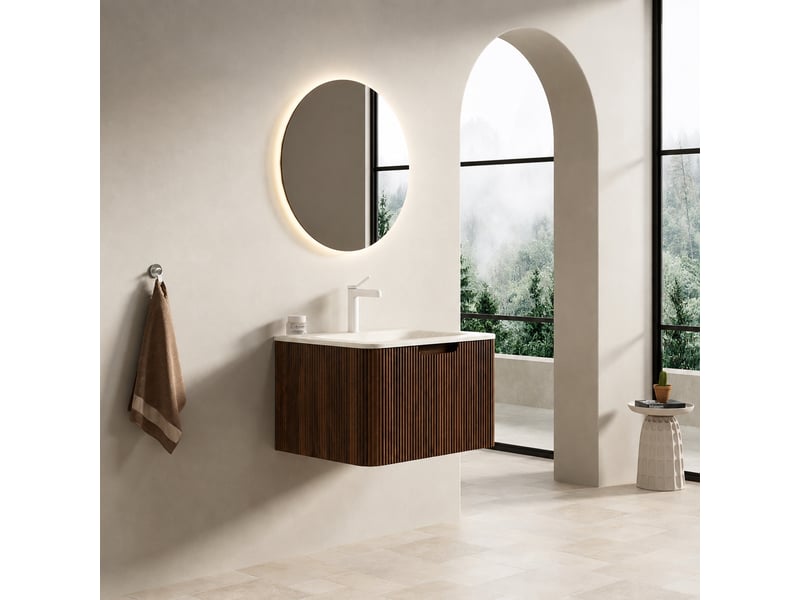  Meuble vasque suspendu 60 cm avec vasque intégrée en pierre frittée effet travertin, finition noyer  - Conforama E