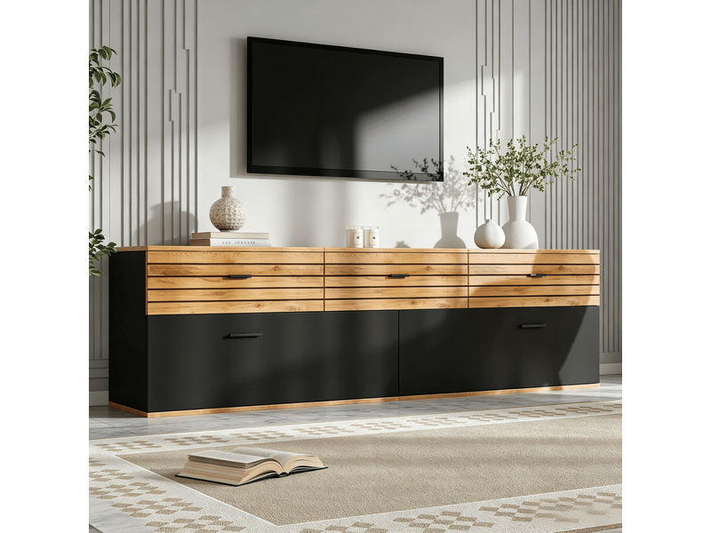  Meuble tv bas 168x38x59 cm pour tv 65 pouces, 3 tiroirs, 2 portes abattantes, rangements, mdf et panneaux de particules – bois naturel et noir  - Conforama E