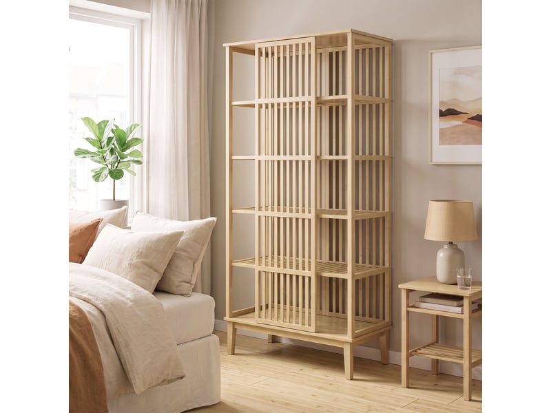  Armoire chambre penderie en bambou 5 niveaux avec porte coulissante, bois naturel, design aéré à lattes  - Conforama D