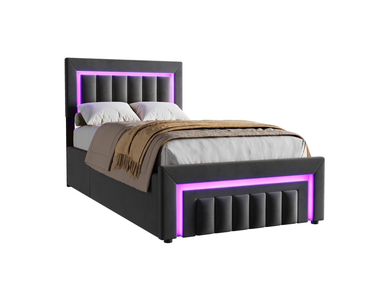 Lit enfant 90x190, lit rembourré avec éclairage led, lit simple avec tiroirs, cadre de lit avec grand espace de rangement, gris foncé (sans matelas) - Conforama E