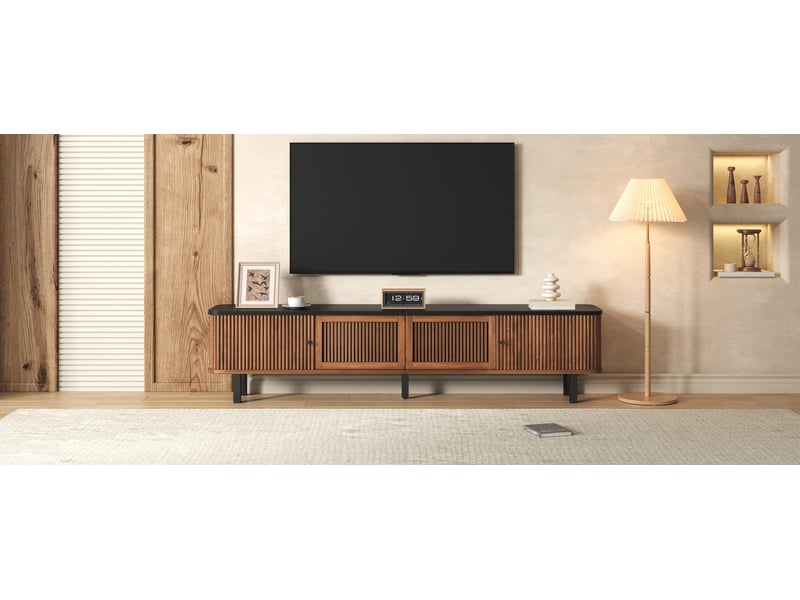  Meuble tv avec 2 portes coulissantes, porte grillagée et niches de rangement pour salon, noyer, 190 × 35 × 45 cm  - Conforama D
