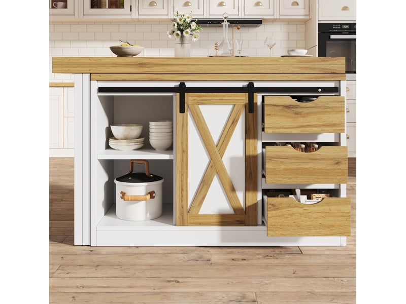  Desserte de cuisine extensible avec 3 tiroirs, porte coulissante et range-bouteilles, blanche, 120 × 40 × 72 cm  - Conforama C