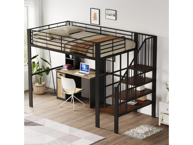  Lit mezzanine 140x200cm coloris noir métal et bois massif lit enfant noir - Conforama E