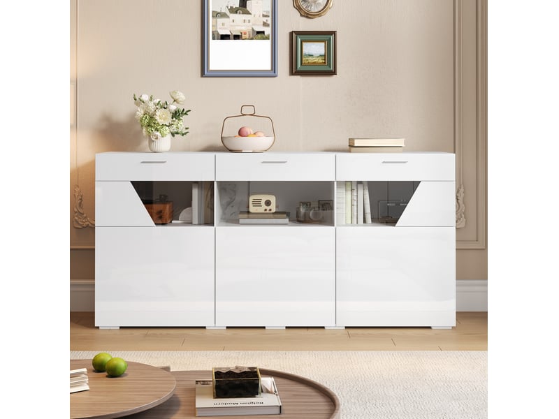 Buffet 160x38x78 cm à 3 portes, éclairage led contrôlé par application, panneau de particules blanc - Conforama C
