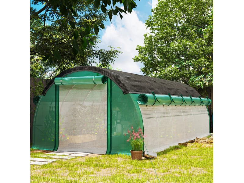  Serre tunnel de jardin 6 x 3 x 2 m en plastique vert, 12 fenêtres, porte enroulable et ancrages au sol  - Conforama B