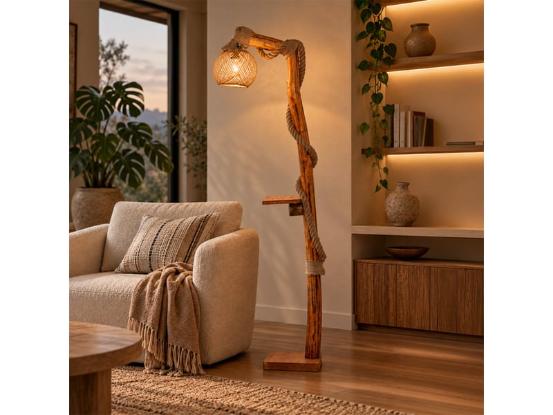  Lampadaire design en bois naturel, corde et abat-jour en jute sandra  - Conforama B
