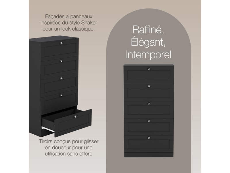  Commode altino 5 tiroirs, chambre, rangement vêtements, meuble, 121x65x36cm, noir 3332185 - Conforama R