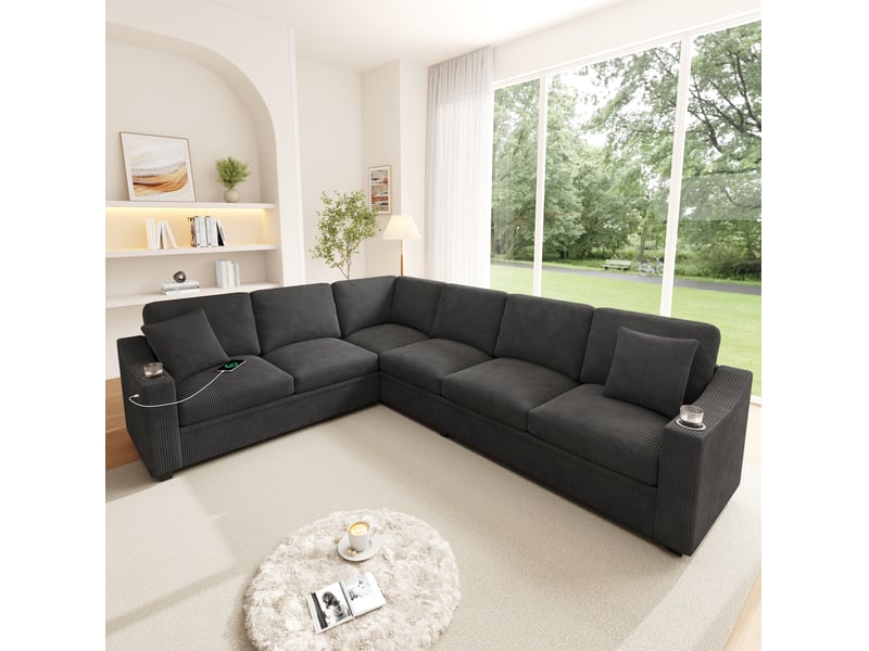  Canapé d'angle modulable 6 places en velours côtelé gris avec usbtype-c, porte-gobelets et coussins  - Conforama D