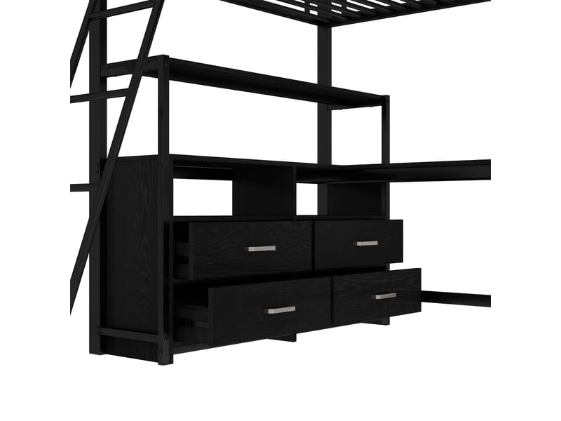  Lit mezzanine 200×140 cm avec bureau en l et tiroirs, sans matelas, structure en métal et mdf noir  - Conforama E