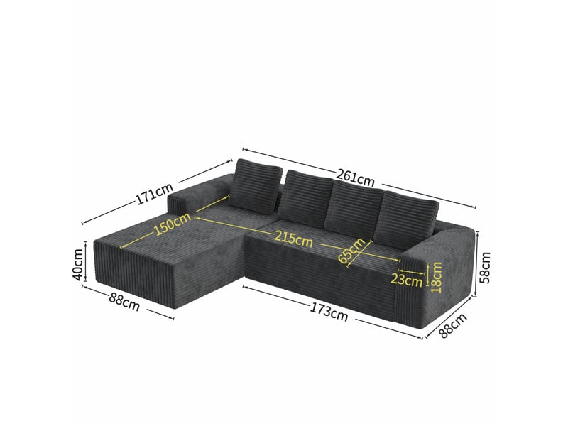  Canapé d’angle modulable 261 x 168 cm avec méridienne droite, assise profonde, velours côtelé, sans montage, gris  - Conforama C