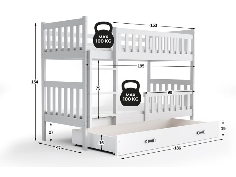  Lit superposé séparable 90x190 cm quba interbeds - bois massif de pin avec barrière, sommier, tiroir - blanc  - Conforama C