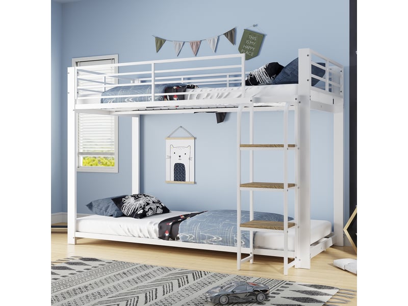 Lit superposé 90x200cm - lit simple enfant en métal avec échelle à marches en bois - barrière de sécurité haut - blanc - Conforama B