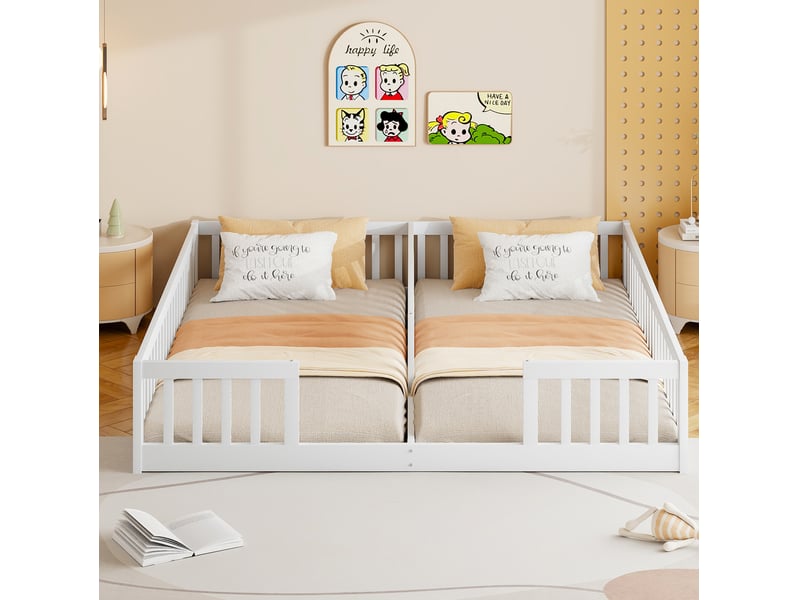  Elvmi lit enfant double au sol 90x200 cm avec barrières de sécurité et sommier à lattes, structure en pin et mdf, coloris blanc, couchage gain de place pour 2 enfants, design minimaliste pour chambre d’enfant et espace familial  - Conforama E