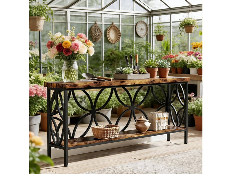  Console industrielle avec étagère ouverte et 2 niveaux pour entrée et salon, en métal et bois, noir, 160 × 29,5 × 80 cm  - Conforama B