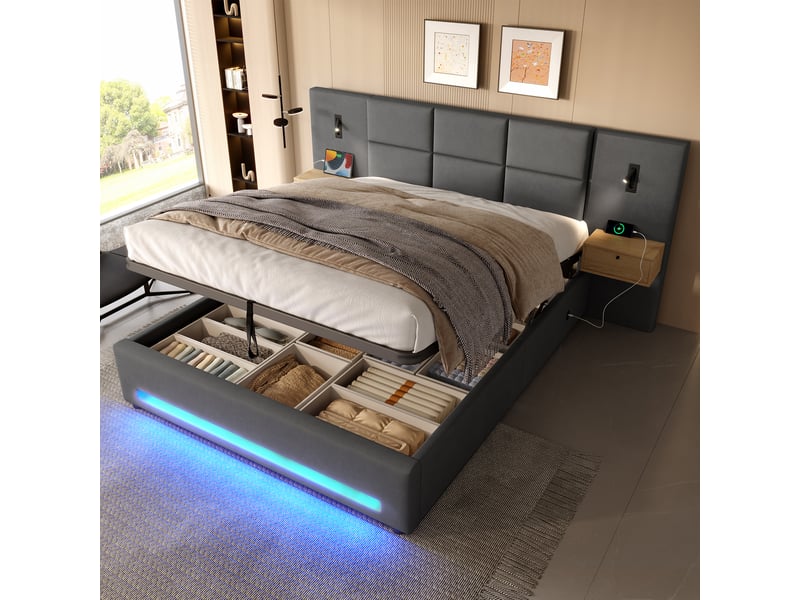  Lit double rembourré 180x200 cm avec led et port usb-c, gris foncé, lit double hydraulique avec tête de lit en velours et tiroir  - Conforama C