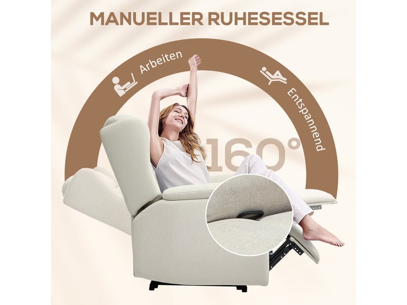  Fauteuil relax beige inclinable à 160°, fauteuil télévision avec repose-pieds, ressorts ensachés pour salon et chambre  - Conforama D