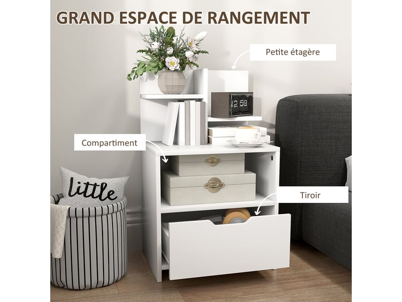  Table de chevet d'appoint tiroir niche 45 x 35 x 73 cm rangement pratique minimaliste en panneau de particules blanc 21_0001559  - Conforama D