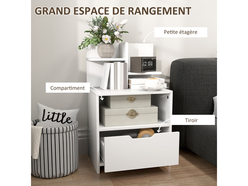 Table de chevet d'appoint tiroir niche 45 x 35 x 73 cm rangement pratique minimaliste en panneau de particules blanc 21_0001559  - Conforama D