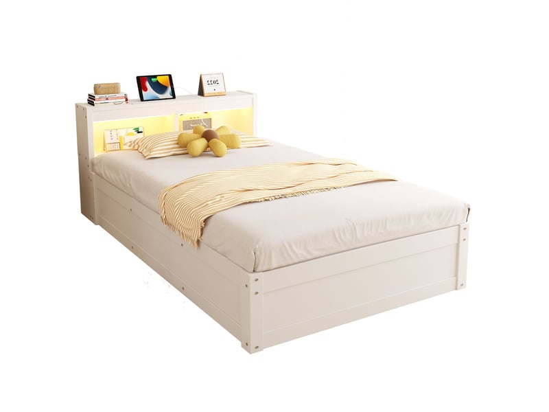  Lit rangement 90 x 200 cm plusieurs compartiments de rangement prise europeenne integree eclairage led multicolore mecanisme de lit hydraulique bois massif blanc conception multifonctionnelle  - Conforama B