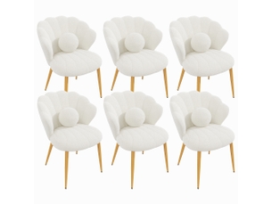 Lot de 6 fauteuils - 60x62.5x83 cm - tissu bouclé - assise rembourrée - dossier coquillage - pieds en métal - moderne - blanc