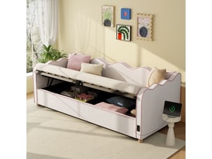 Lit banquette 90x200cm avec rangement hydraulique polsterbett canape lit usb boucle beige