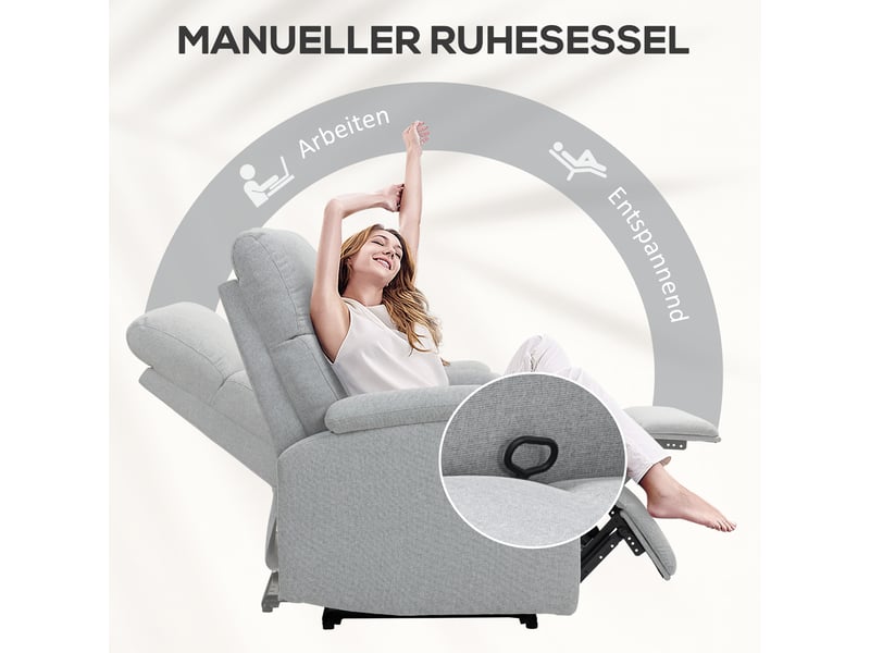  Fauteuil relax inclinable gris, repose-pieds manuel, ressorts ensachés, dossier réglable à 60°, pour salon et lecture  - Conforama D