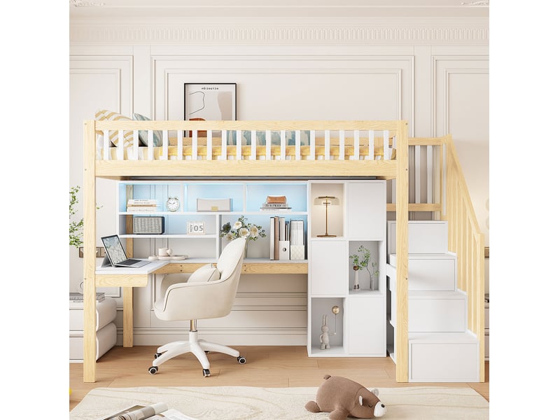  Lit mezzanine, 90x200 cm, avec led, bureau intégré, échelle, matelas non inclus, bois et mdf, coloris blanc et naturel  - Conforama E