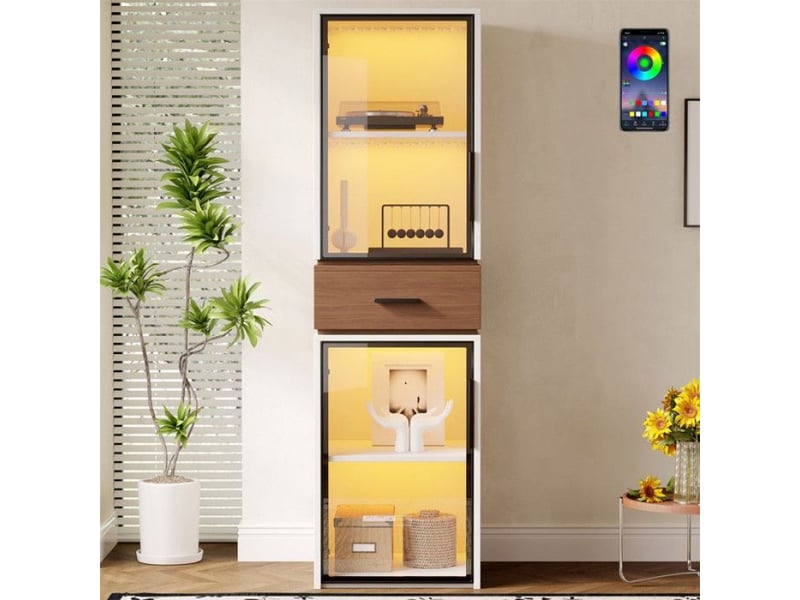  Vitrine robuste présentoir blanche 40x40x200 cm, deux portes verre trempé, tiroir et éclairage led performant  - Conforama C