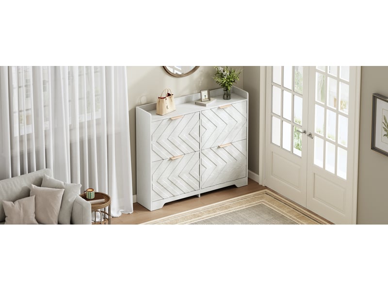 Rangement à chaussures 4 compartiments, façade en relief 3d, plateau dessus, gain de place, meuble d'entrée en bois blanc BUYDEEMEUS - Conforama D